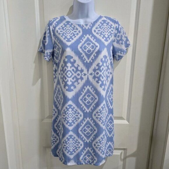 Lulus ✦ Blue & White Ikat Print Shift Dress ✦ Sleeveless Boho Mini w/ Back Zip - Picture 2 of 10